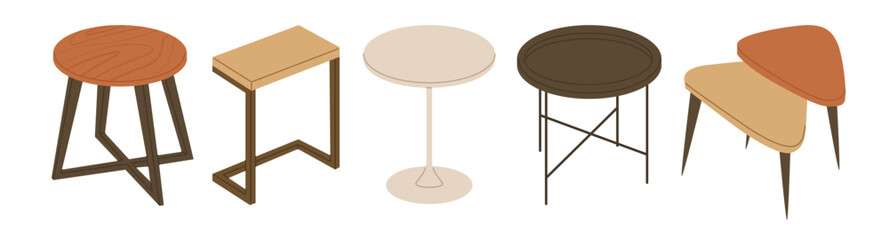 Set of coffee tables of different styles and materials. Clip art for interior design. Home and office furniture items. Vector illustration isolated on transparent background.
