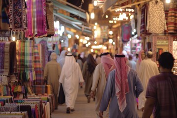 Obraz premium A bustling market scene with people walking among colorful textiles.