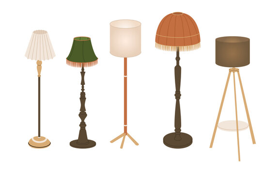 Set of different floor lamps and torchieres with fabric and paper lampshades. Modern and classic lighting fixtures. Living room furnishings. Vector illustration isolated on transparent background.