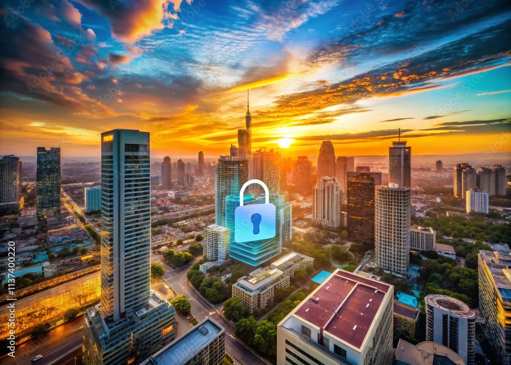 Aufkleber aerial view of a digital padlock symbol integrated into a modern cityscape representing cybersecurit