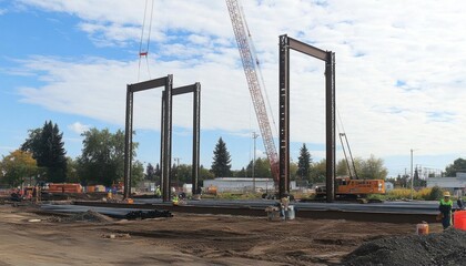 Construction site with large steel frames being assembled.
