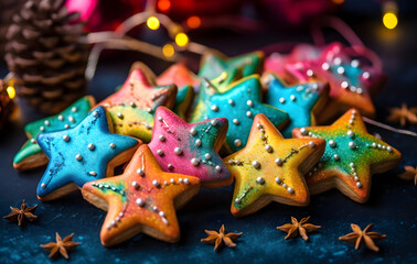 A colorful Christmas cookie plate decorated with icing sugar, perfect for holiday celebrations, sweet treats.