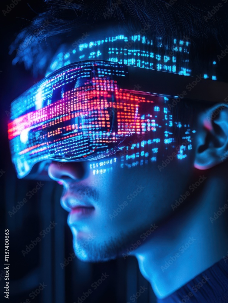 Poster virtual reality, hacking and programming concept - close up of asian male hacker's face in vr glasse
