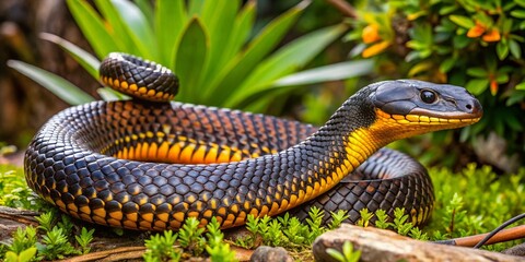 Obraz premium Aerial View of an Australian Eastern Tiger Snake Displaying Hood Flattened in Response to a Potential Threat in a Natural Habitat Setting with Lush Vegetation
