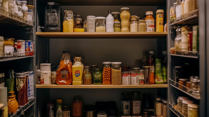 Stylish and Organized Kitchen Pantry with Neat Shelves of Food and Essentials, Perfect for Home Storage Solutions.