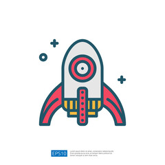 A colorful rocket illustration with a retro design, featuring a circular window and fins, symbolizing space exploration and adventure.