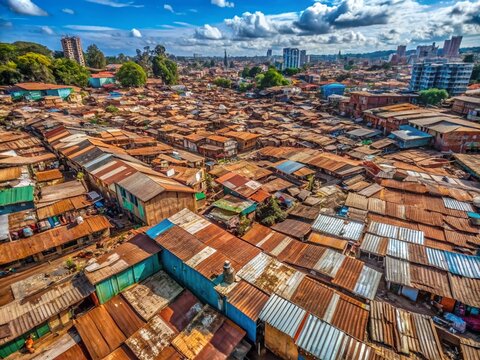 Aerial View of Corrugated Iron Huts in Kibera Slum, Nairobi, Kenya, Capturing the Urban Landscape of One of Africa's Largest Informal Settlements