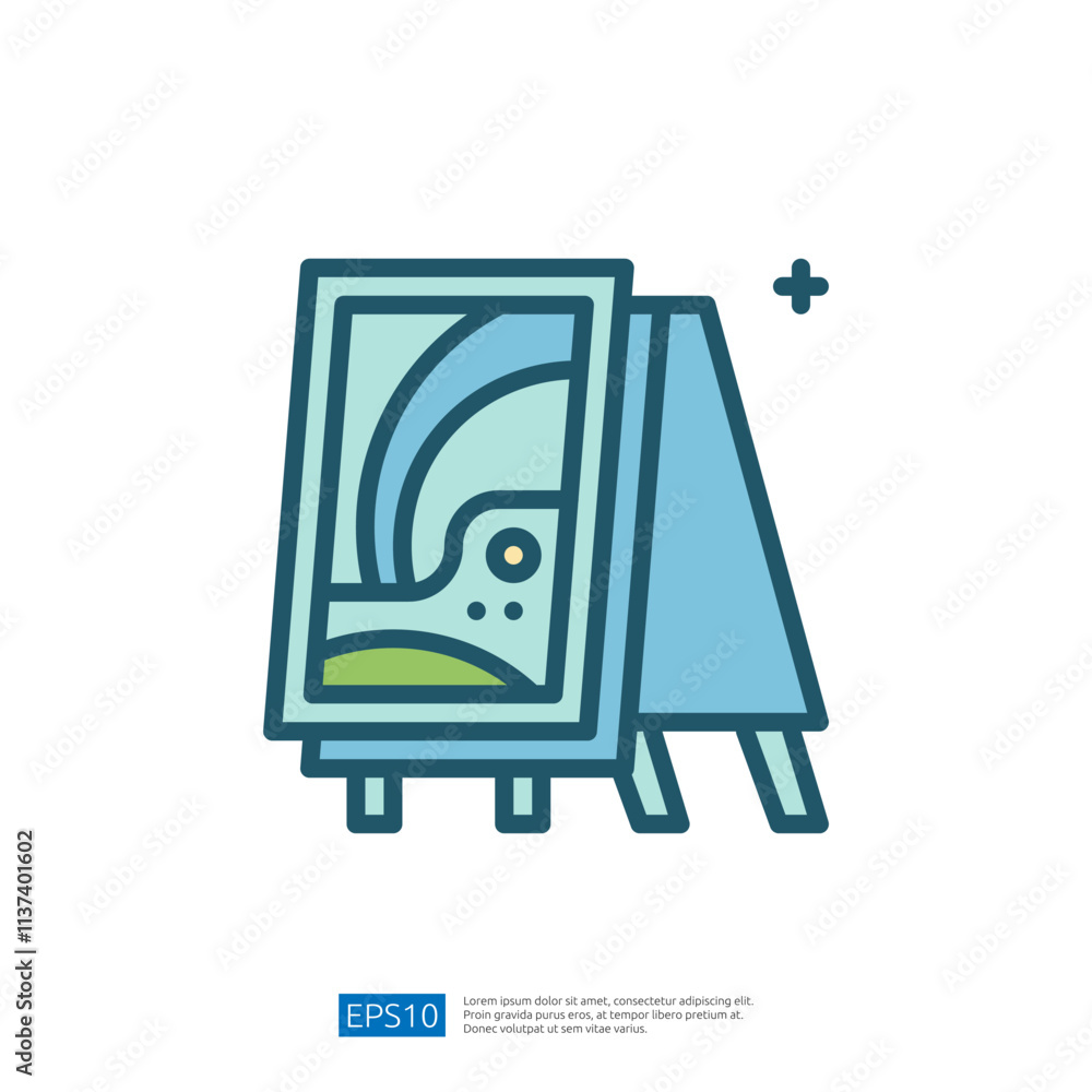 Poster the image depicts an easel displaying a framed artwork, showcasing a colorful abstract design. it sy
