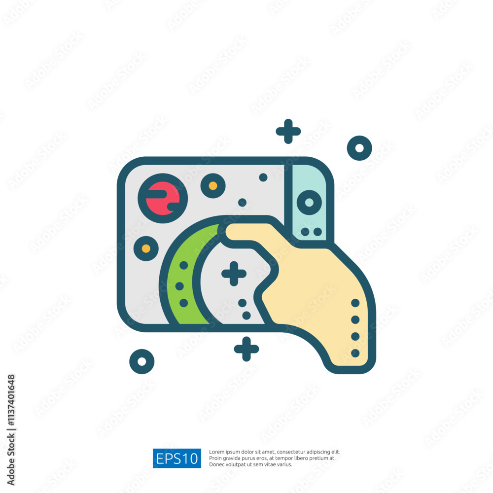 Poster an illustration of a hand interacting with a digital interface, featuring a circular design and abst
