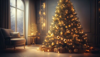 Fototapeta premium Gold-decorated Christmas tree with lights in a warm and cozy living room 