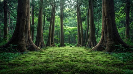 Obraz premium High-end photography of a dense, ancient forest with towering trees and a carpet of moss