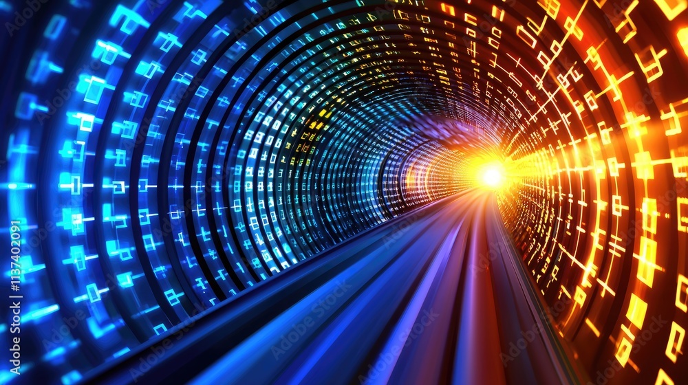 Poster dynamic light tunnel journey abstract digital realm motion graphic futuristic vortex high-tech envir