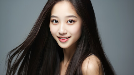 Naklejka premium Portrait of smiling asian teenager girl silver background.