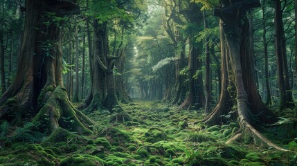 High-end photography of a dense, ancient forest with towering trees and a carpet of moss