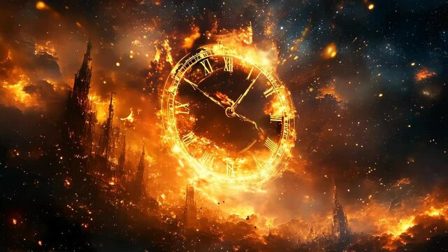 Fiery Clock in Apocalyptic Sky with Exploding Flames