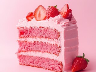 A slice of pink strawberry cake with frosting and strawberries