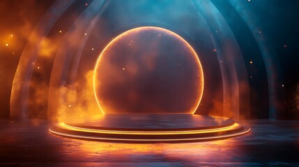 Neon Glowing Circle Stage Podium with vibrant colors and smoke,perfect for product display,music events