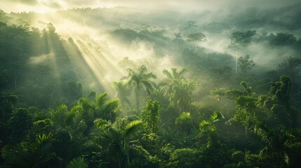Obraz premium High-end photography of a dense, foggy forest with rays of sunlight piercing through the trees