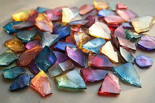 Colorful rough crystal gemstones on neutral background.