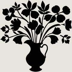 Silhouette of a vase with flowers, black design on light background