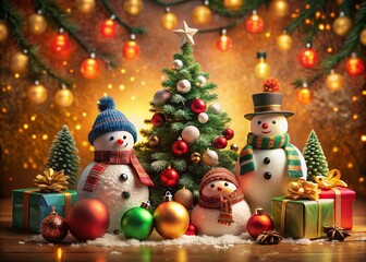 A Festive Christmas Collection Featuring Traditional Symbols like Ornaments, Trees, Snowmen, and Gifts for a Joyful Holiday Celebration