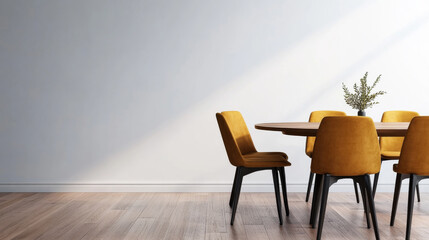 Fototapeta premium View of part of a minimalist clean meeting room table with modern style chairs and copy space , office conference room banner background with clean backdrop and natural light