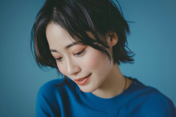 Portrait photo of a Asian female model looking down at something with a smiling face isolated on a blue background