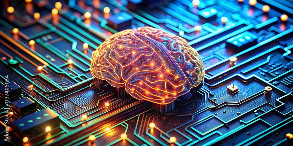 Poster ai brain circuit board: machine learning neural network digital illustration