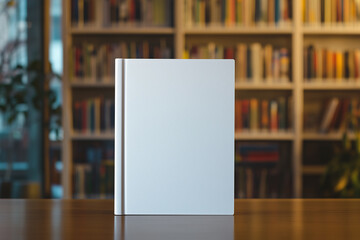 Blank Book Mockup on Rustic Wooden Table with Cozy Bookstore Ambiance
