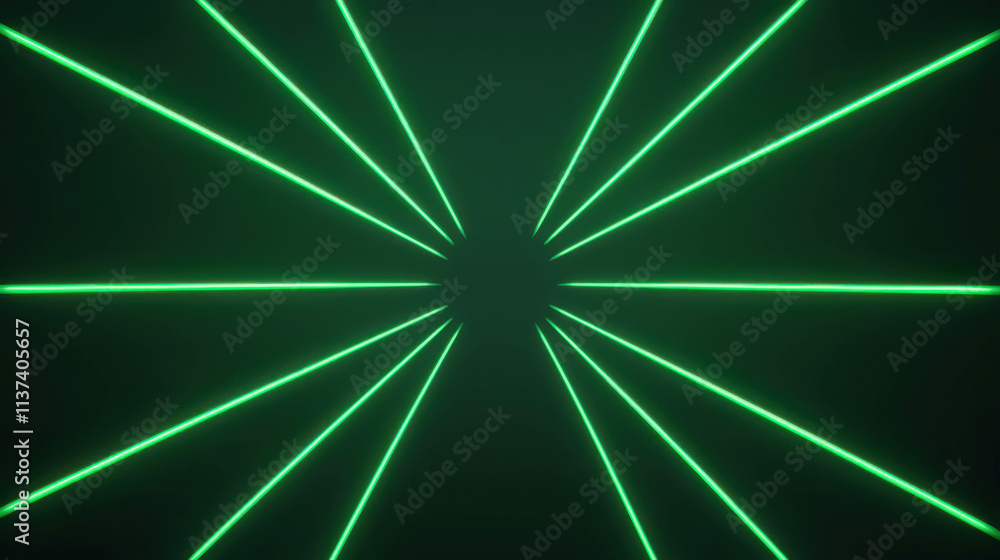 Poster green light beams radiating from center creating vibrant abstract background