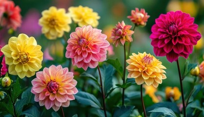 A vibrant display of blooming dahlias in various colors.