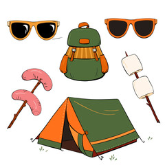 Camping Essentials A tent, some stylish sunglasses, and a variety of tasty snacks. Vector illustration. Tourism