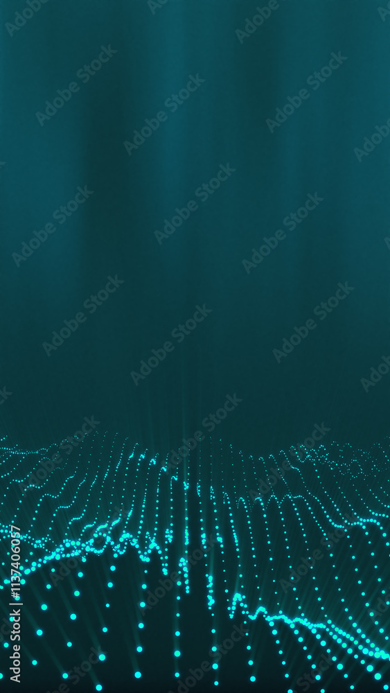 Poster blue glowing circles particles wave at the bottom with light rays and shine on a dark abstract backg