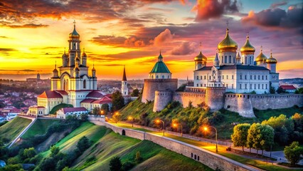 Fototapeta premium Alba Carolina Fortress, Orthodox Coronation Cathedral, Romania, Cityscape, Fortified City, Panoramic View, Stunning Architecture, Historical Landmark, Eastern Europe Travel