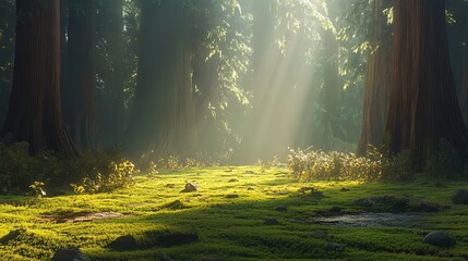 Obraz premium Sunbeams illuminate a mossy forest floor in a dense redwood grove.