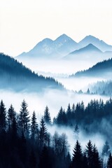 Obraz premium Serene mountain landscape shrouded in mist and evergreen forests.