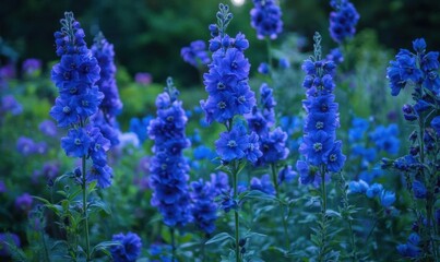 Fototapeta premium A vibrant display of blue flowers in a lush garden setting.