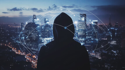 Hacker are planning to hack and attack networks and cyber security , innovative Smart city and graphs with statistics to analyze business potential and predict future developments in company growth.