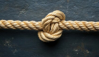 A close-up of a tied knot in a natural fiber rope on a dark surface.