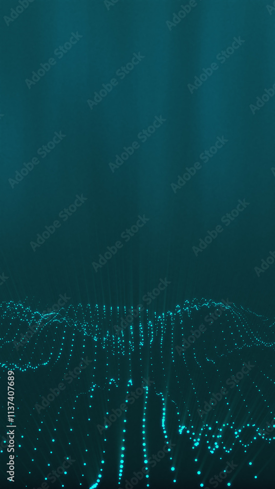 Poster blue glowing circles particles wave at the bottom with light rays and shine on a dark abstract backg