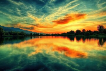 A serene sunset over a tranquil lake reflecting vibrant colors.