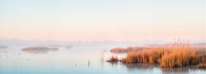 Fototapeta premium Sunrise Over Misty Wetlands Reflecting Soft Light