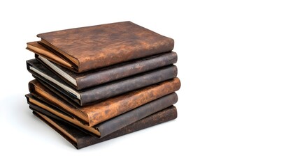 Stack of Vintage Leather-Bound Notebooks in Various Shades of Brown on White Background Perfect for Stationery Lovers and Creative Projects
