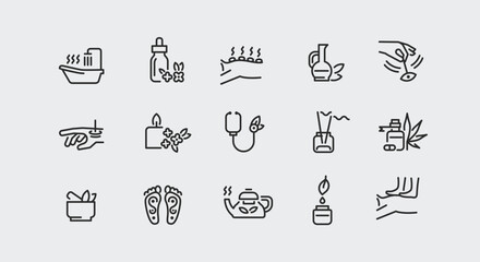 Alternative Medicine icons. Set of icons representing various practices and elements of alternative medicine. Includes Herbal Medicine, Acupuncture, Chiropractic, Yoga, Meditation. Vector illustration