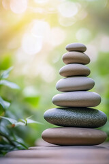 Obraz premium Tall stack of balanced stones on a green bokeh background