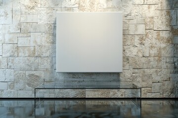 Spacious exhibition hall with a blank canvas on a stone wall and modern glass bench.