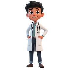 A young doctor in a white coat, full-body shot, in a cartoon style, high resolution, isolated on a transparent background.