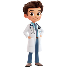 A cute young doctor in a white coat, full-body shot, in a cartoon style, high resolution, isolated on a transparent background.