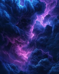 Obraz premium A dramatic display of storm clouds illuminated by purple lightning.