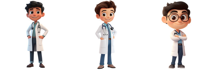 Set of a, A cute young doctor in a white coat, full-body shot, in a cartoon style, high resolution, isolated on a transparent background.